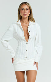 Rhylee Mini Dress - Collared Button Front Bodycon Shirt Dress in White