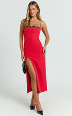 Richelle Midi Dress - Strappy Contrast Lace Straight Neck Fitted Side Leg Split Dress in Red
