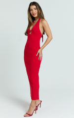 Ricki Maxi Dress - Plunge Halter Low Back Bodycon Dress in Rose Red