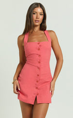 Ricki Mini Dress - Linen Halter Neck Shift Dress in Red