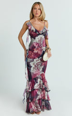 Riley Maxi Dress - Asymmetric Ruffle Detail Maxi Dress in Mariache Rose