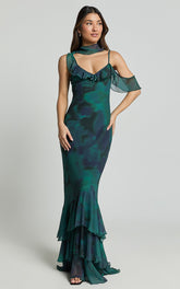 Riley Maxi Dress - Asymmetric Ruffle Detail Maxi Dress in Moss Adeana