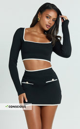 Riri Top - Long Sleeve Square Neck Recycled Knit Top in Black