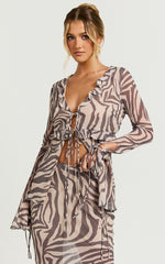 Rita Top - Georgette Tie Front Flared Sleeve Top in Abstract Zebra Print