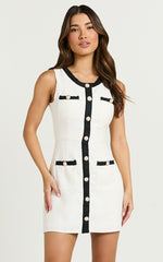 River Mini Dress - Boucle Button Through A Line Dress with Hardware Detail in White
