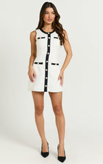 River Mini Dress - Boucle Button Through A Line Dress with Hardware Detail in White