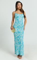 Robbie Maxi Dress - Strappy Scoop Neck Column Fitted Sequin Mesh Dress in Blue