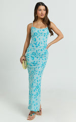 Robbie Maxi Dress - Strappy Scoop Neck Column Fitted Sequin Mesh Dress in Blue