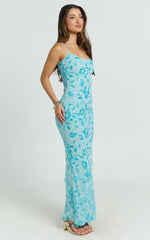Robbie Maxi Dress - Strappy Scoop Neck Column Fitted Sequin Mesh Dress in Blue