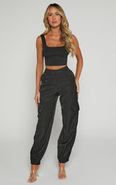 Robbie Pants - Mid Rise Cuffed Ankle Cargo Pants in Black