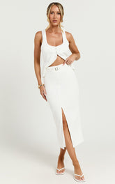 Romeo Midi Skirt - High Waisted Front Split Pencil Skirt in White