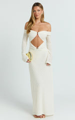 Romy Maxi Dress - Off Shoulder Long Sleeve Cut Out Gold Trim Fitted Dress in Ivory