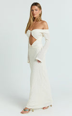 Romy Maxi Dress - Off Shoulder Long Sleeve Cut Out Gold Trim Fitted Dress in Ivory
