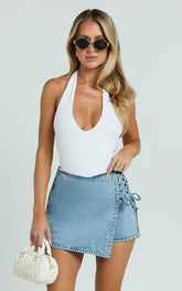 Ronnie Skort - Mid Waist Lace Up Denim Skort in Light Blue Wash