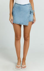Ronnie Skort - Mid Waist Lace Up Denim Skort in Light Blue Wash