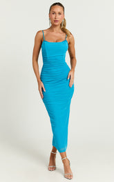 Rosalez Midi Dress - Strappy Ruched Bodycon Dress in Blue