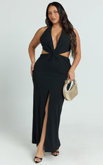 Rose Maxi Dress - Plunge Halter Front Split Dress in Black