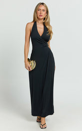 Roseville Maxi - Wrap Front Halter Dress with Hardware Detail in Black