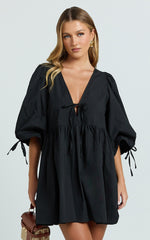 Rosita Mini Dress - Tie Front Puff Sleeve Dress in Black