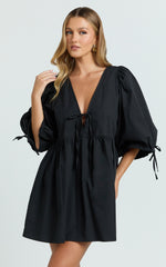Rosita Mini Dress - Tie Front Puff Sleeve Dress in Black