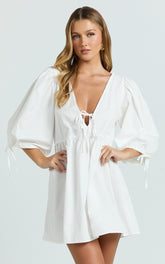 Rosita Mini Dress - Tie Front Puff Sleeve Dress in White
