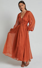 Roxanna Maxi Dress - Long Sleeve Ruched Waist Dress in Rust