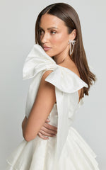 Roxanne Mini Dress - Shoulder Tie Plunge Ruffle Dress in White