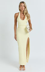 Ruby Maxi Dress - Halter Scoop Neck Low Back Bodycon Dress in Lemon