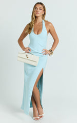 Ruby Maxi Dress - Halter Scoop Neck Low Back Bodycon Dress in Light Blue