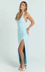 Ruby Maxi Dress - Halter Scoop Neck Low Back Bodycon Dress in Light Blue