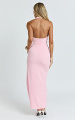 Ruby Maxi Dress - Halter Scoop Neck Low Back Bodycon Dress in Pink