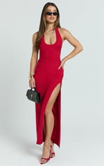Ruby Maxi Dress - Halter Scoop Neck Low Back Bodycon Dress in Red