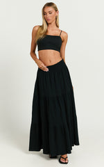 Ruby Midi Skirt - Shirred High Waist Cotton Tiered Skirt in Black