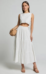 Ruby Midi Skirt - Shirred High Waist Cotton Tiered Skirt in Off White