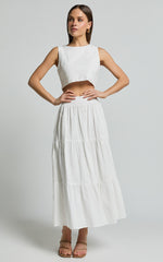 Ruby Midi Skirt - Shirred High Waist Cotton Tiered Skirt in Off White