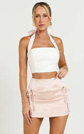 Rylah Mini Skirt - Bow Detail Satin Skirt in Pale Pink