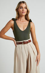 Ryley Bodysuit - V Neck Tie Up Bodysuit in Olive