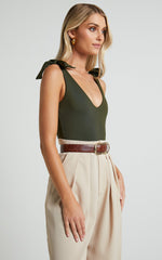 Ryley Bodysuit - V Neck Tie Up Bodysuit in Olive