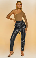 Layton Pants - Paper Bag Waist Faux Leather Pants in Black