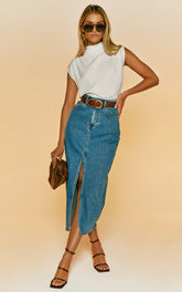 Anaya Midi Skirt - Denim Skirt in Mid Blue Wash