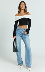 Sadie Top - Twist Off Shoulder Long Sleeve Rib Top in White/Black