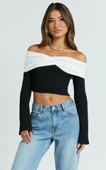 Sadie Top - Twist Off Shoulder Long Sleeve Rib Top in White/Black