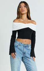 Sadie Top - Twist Off Shoulder Long Sleeve Rib Top in White/Black