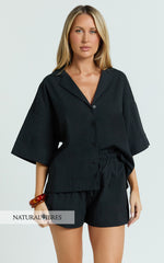Saina Two Piece Set - Button Through Shirt and Drawstring Shorts Set in Black