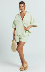 Saina Two Piece Set - Button Through Shirt and Drawstring Shorts Set in Sage
