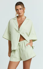 Saina Two Piece Set - Button Through Shirt and Drawstring Shorts Set in Sage