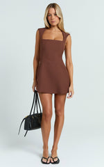 Sakura Mini Dress - Square Neck Wide Strap A Line Skirt Dress in Chocolate