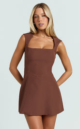 Sakura Mini Dress - Square Neck Wide Strap A Line Skirt Dress in Chocolate