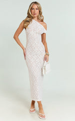 Sally Maxi Dress - Stretch Lace Twist Off Shoulder Dress in White