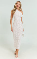 Sally Maxi Dress - Stretch Lace Twist Off Shoulder Dress in White